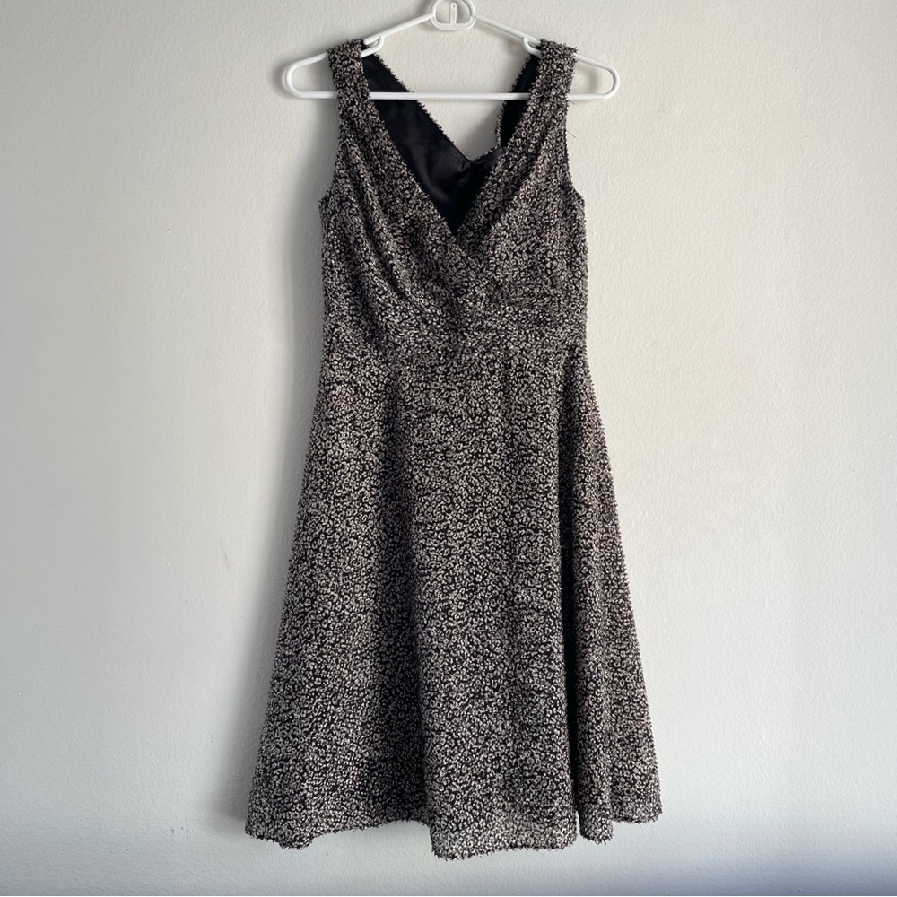 Tahari petite black and grey textured floral A line dress midi length